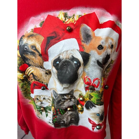 Ugly Christmas Sweater Dogs Cats Pug Dog Womens Sweatshirt Large Fifth Sun Bells - Picture 2 of 7
